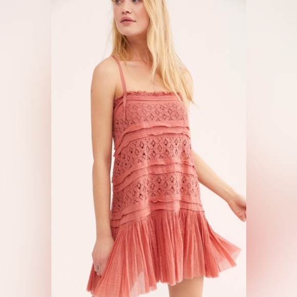 Free People Shailee Mini Slip Dress By FP One Coral Square Neck Bohemian Size S - Picture 1 of 15